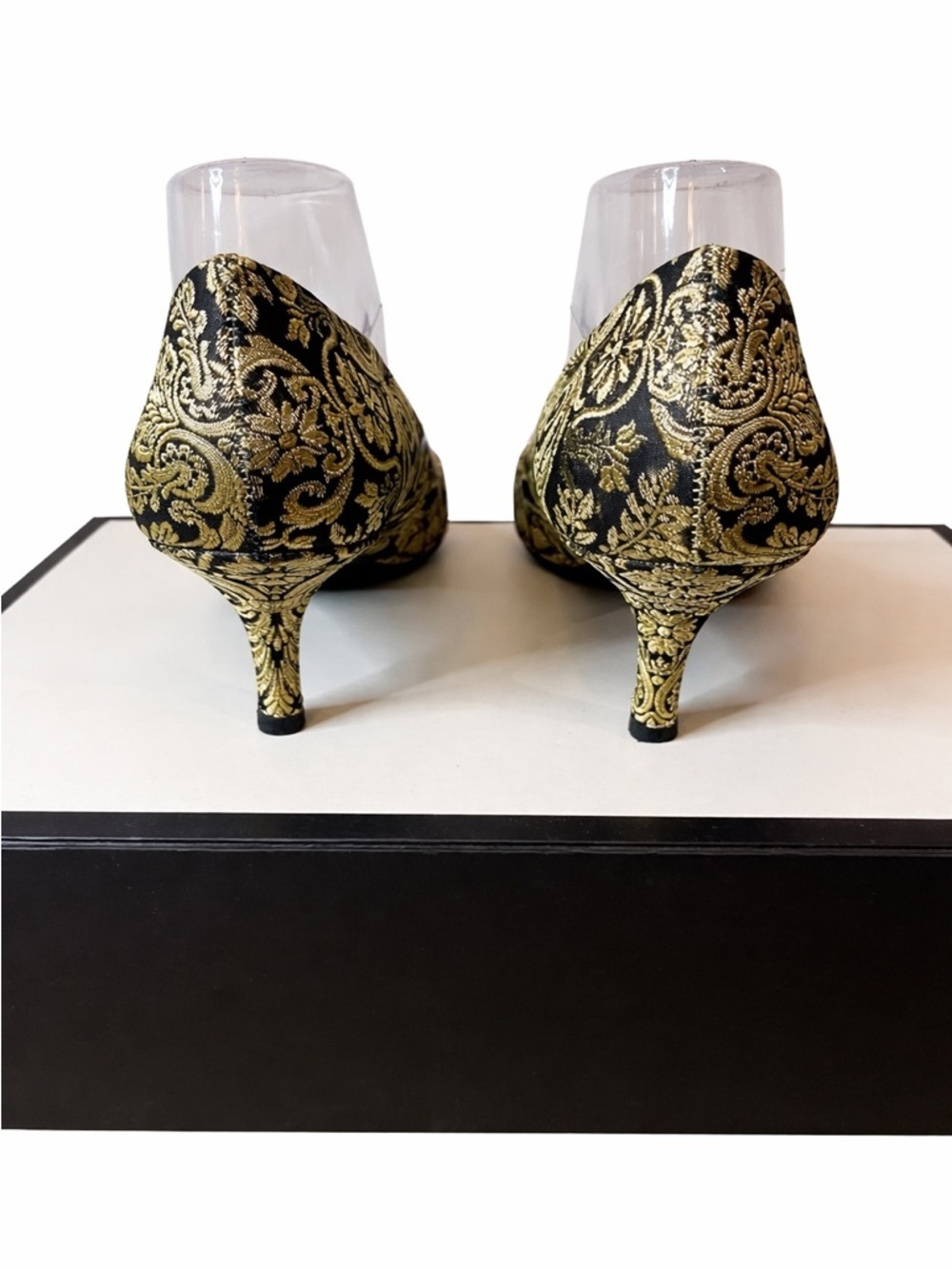 Nine West Elegant Black and Gold Brocade Pointed Toe Pumps - Picture 2 of 5